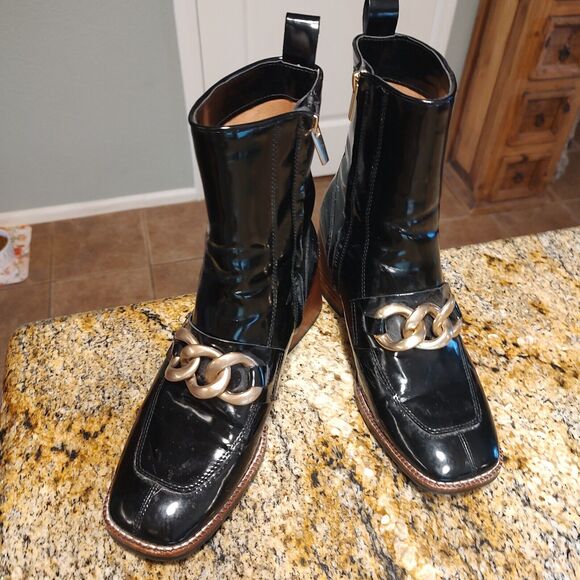 Steve Madden Loreen Black Patent Chunky Heel Gold Chain Mid Calf Boot Sz 8.5M - Picture 3 of 12